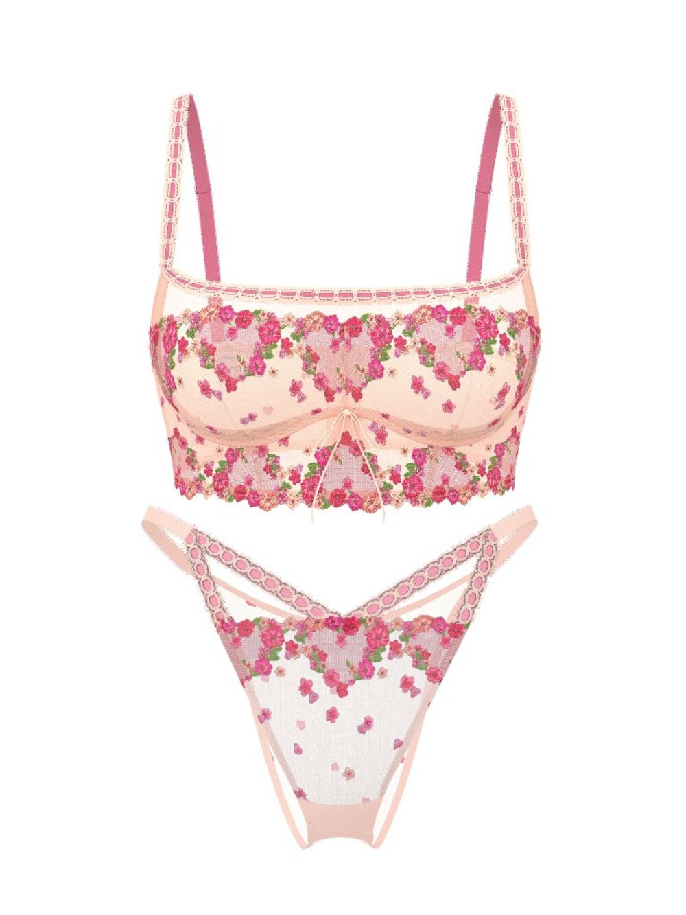 Victoria's Secret Dream Angels Pink Hearts & Roses Embroidery Bra Top 2 Pc Set S